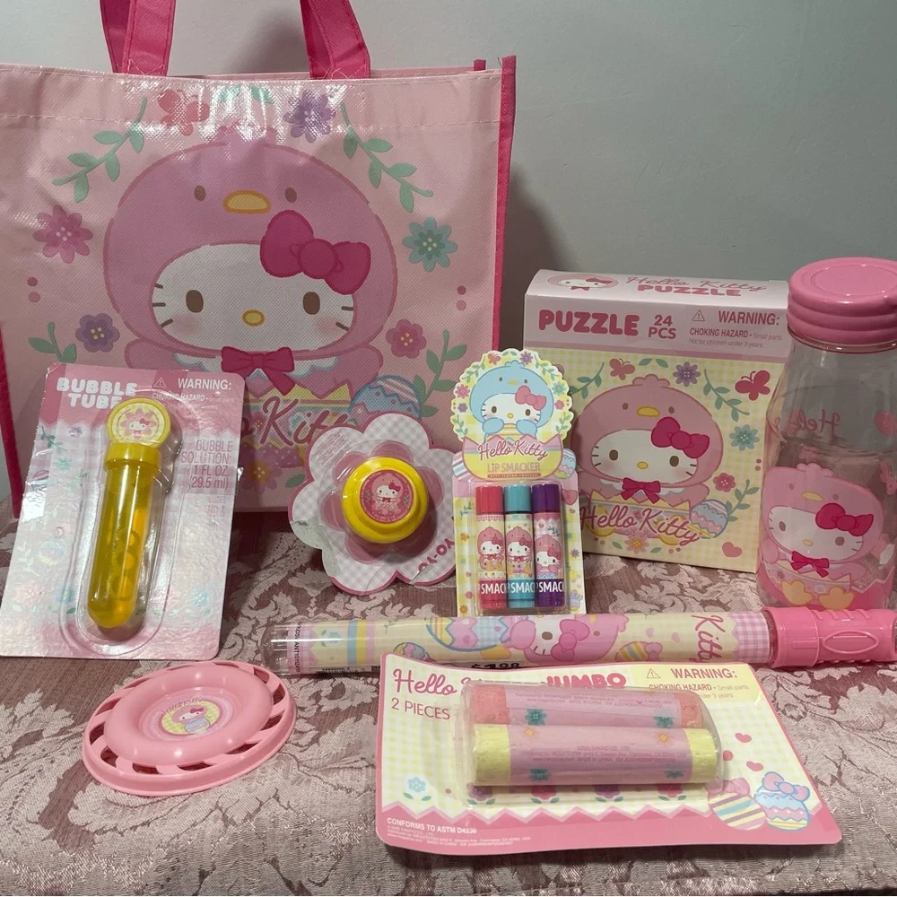 LOT Hello Kitty Pink Easter Bunny Bundle tote bag bubbles puzzle lip balm